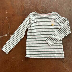 Breton style longsleeve girls t-shirt. Green and white striped, siz 11-12 Y.